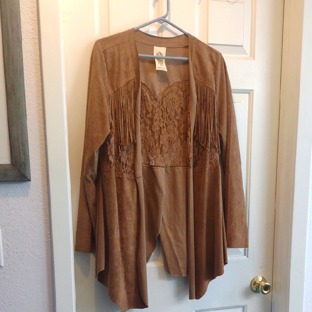 Boho VOCAL Brand Brown Faux Suede & Lace Fringe Cardigan
